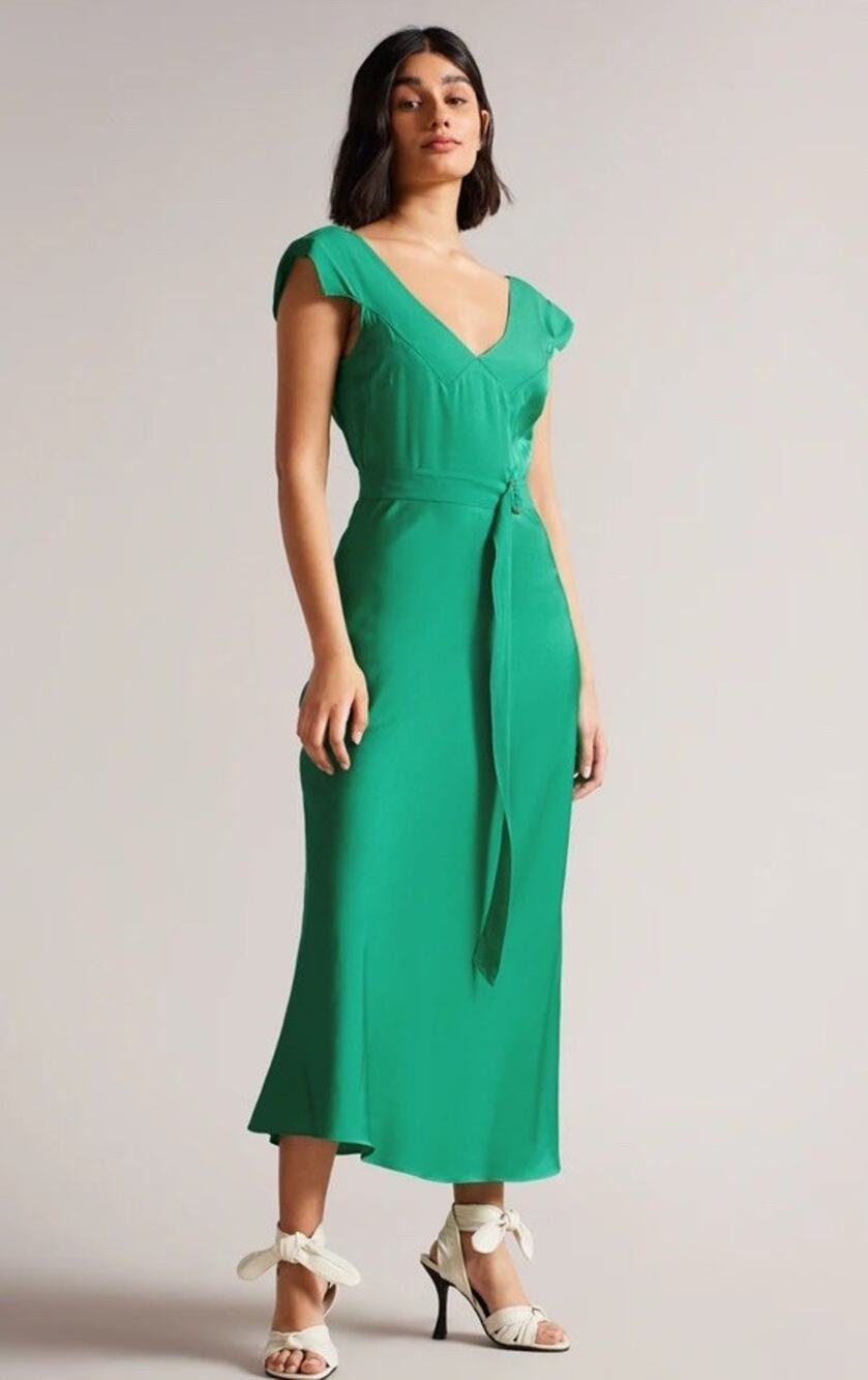 NWT Ted Baker Noemi Green Bias Cut Satin Midi Dress Ted Size 2 US 6